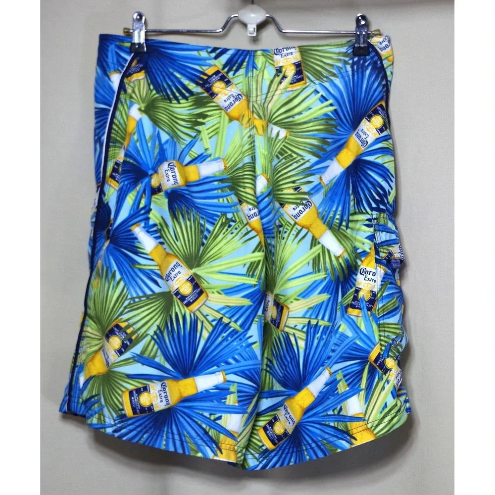 Corona Extra Board Shorts Men's L? Blue Green Tropical‎ Palm Swim Trunks Cargo